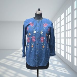 Navy Blue Denim Flower Design Full-Sleeve for Women